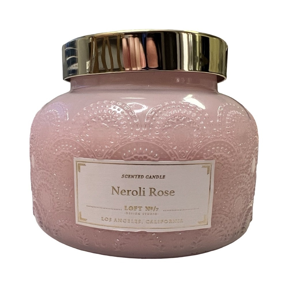Loft No 7 Neroli Rose Scented Candle Pink Embossed Glass Gold Lid 15.87oz